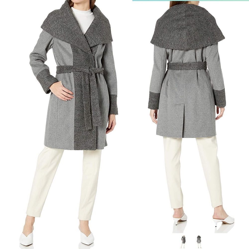 Calvin Klein Women's Wool Wrap Coat with Detachable Belt and Oversized Collar,
